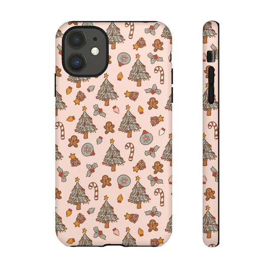 Christmas Pattern Phone Case — Pink Holiday Trees, Candy Canes & Gingerbread Design